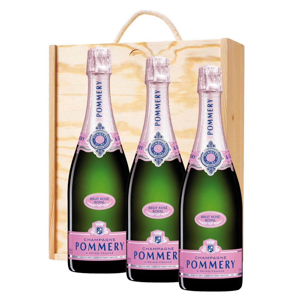 3 x Pommery Rose Brut Champagne 75cl In A Pine Wooden Gift Box